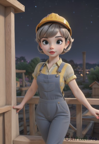 1girl,solo,looking at viewer,smile,short hair,open mouth,bangs,brown hair,shirt,hat,standing,short sleeves,grey hair,outdoors,parted lips,sky,teeth,striped,collared shirt,nail polish,blurry,lips,grey eyes,plaid,night,helmet,denim,child,star (sky),night sky,freckles,yellow shirt,fence,female child,overalls,plaid shirt,yellow headwear,wooden fence,black eyes,tree,blue nails,striped shirt,red lips