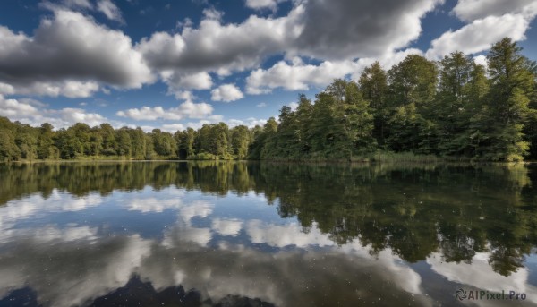 outdoors,sky,day,cloud,water,tree,blue sky,no humans,cloudy sky,grass,nature,scenery,forest,reflection,mountain,river,landscape,lake,reflective water