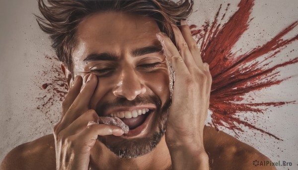 solo,looking at viewer,short hair,open mouth,brown hair,black hair,1boy,closed eyes,male focus,teeth,tongue,tongue out,grey background,blood,facial hair,thick eyebrows,portrait,beard,realistic,mustache,hands on own face,blood splatter,smile,scar,licking,manly,finger in own mouth