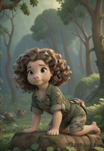 1girl,solo,long hair,looking at viewer,smile,brown hair,shirt,hair ornament,brown eyes,closed mouth,full body,short sleeves,outdoors,shorts,barefoot,day,belt,dark skin,medium hair,blurry,tree,kneeling,blurry background,leaf,wavy hair,sunlight,thick eyebrows,child,nature,sleeves rolled up,forest,curly hair,pocket,pouch,green shirt,breast pocket,mushroom,camouflage,badge,belt pouch,green shorts,patch,short hair,artist name,uniform,flat chest,lips,military,military uniform,arm support,watermark,grass,all fours,web address,rock,leaf on head,dirty,moss,log