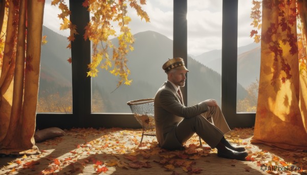 solo,short hair,black hair,long sleeves,1boy,hat,sitting,jacket,male focus,outdoors,necktie,sky,pants,black footwear,uniform,from side,tree,military,military uniform,facial hair,leaf,chair,peaked cap,military hat,mountain,mustache,goatee,autumn leaves,maple leaf,autumn,kepi,imperial japanese army,looking at viewer,shirt,full body,shoes,vest,black headwear,scar,bandages,sunlight,thick eyebrows,nature,scenery,beard,scar on face,forest,sideburns,mature male,very short hair,grey pants,scar on cheek,wide shot,falling leaves,scar on nose,buzz cut,two-tone headwear