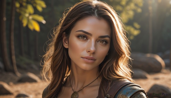 1girl,solo,long hair,looking at viewer,brown hair,brown eyes,jewelry,collarbone,upper body,flower,outdoors,parted lips,day,dark skin,necklace,armor,blurry,dark-skinned female,lips,eyelashes,depth of field,blurry background,wavy hair,sunlight,shoulder armor,portrait,nature,close-up,forehead,pendant,freckles,curly hair,realistic,yellow flower,nose,tree,thick eyebrows,backlighting,rock,dappled sunlight