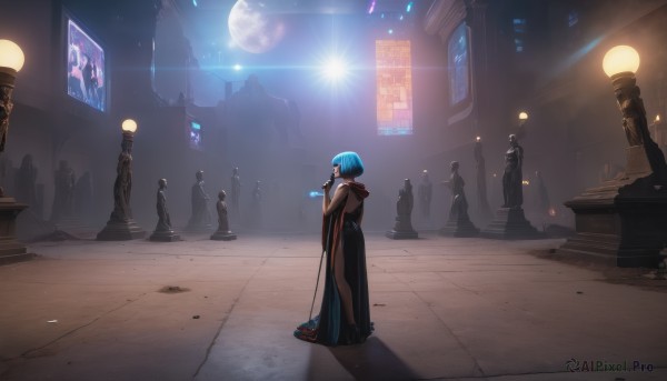 1girl,solo,short hair,dress,holding,blue hair,standing,full body,outdoors,solo focus,hood,black dress,high heels,night,glowing,moon,hood down,scenery,cloak,side slit,science fiction,robe,multiple others,crowd,spotlight,multiple girls,gloves,multiple boys,indoors,cape,full moon,hooded cloak,statue