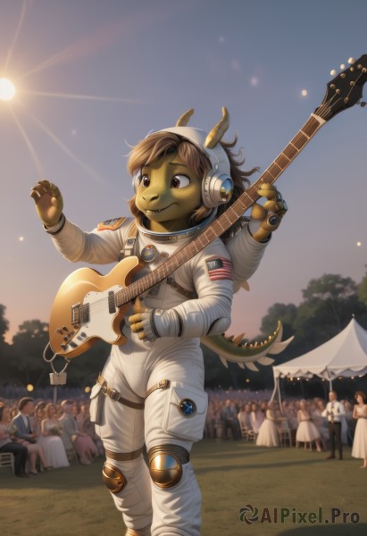 1girl,smile,multiple girls,brown hair,holding,brown eyes,standing,tail,outdoors,horns,sky,solo focus,tree,colored skin,instrument,child,furry,headset,music,sun,guitar,female child,flag,playing instrument,holding instrument,electric guitar,crowd,american flag,spacesuit,japanese flag,people,astronaut,multiple boys,headphones,6+boys,alien,plectrum,acoustic guitar