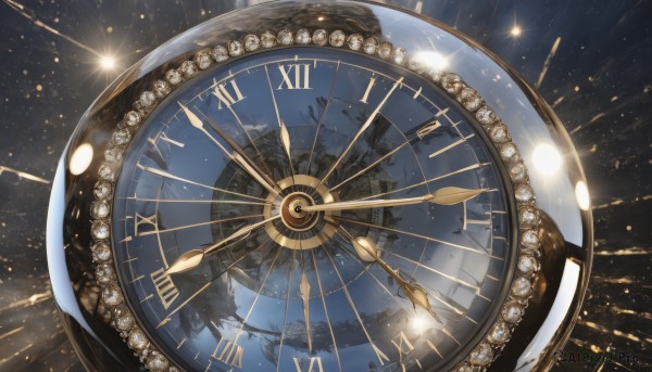 sky,no humans,night,from above,star (sky),scenery,starry sky,watch,clock,space,gears,tower,pocket watch,roman numeral,tree,black background,light particles,reflection,glint,light,oversized object,still life,analog clock