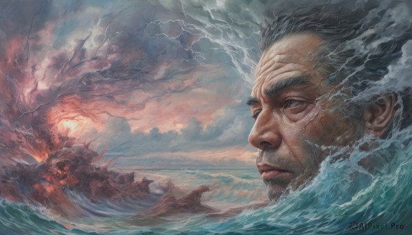 solo,1boy,grey hair,male focus,outdoors,sky,cloud,water,tree,lips,facial hair,ocean,scar,cloudy sky,scenery,scar on face,realistic,watercraft,old,old man,ship,waves,boat,black hair,portrait,lightning