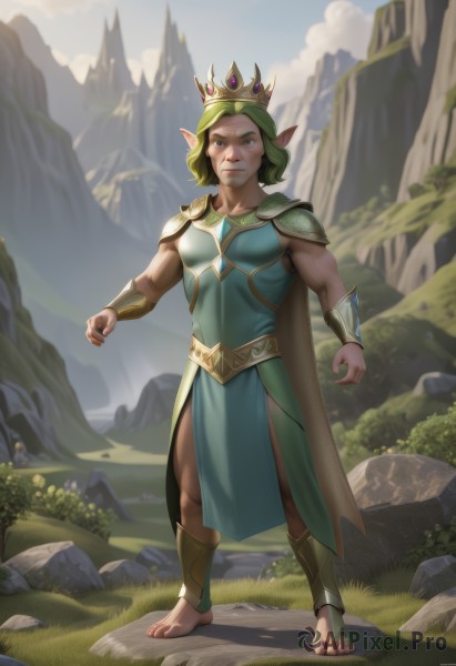 1girl,solo,breasts,looking at viewer,short hair,bangs,blue eyes,dress,medium breasts,closed mouth,standing,full body,outdoors,green hair,sky,barefoot,day,pointy ears,artist name,cloud,signature,medium hair,cape,armor,blurry,muscular,toes,grass,crown,elf,shoulder armor,pelvic curtain,toenails,green dress,rock,mountain,muscular female,toeless legwear,green cape,1boy,flower,male focus,teeth