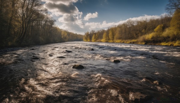 outdoors,sky,day,cloud,water,tree,blue sky,no humans,cloudy sky,nature,scenery,forest,rock,mountain,river,landscape,signature,grass,horizon,bare tree,shore