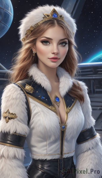 1girl,solo,long hair,breasts,looking at viewer,blue eyes,blonde hair,brown hair,hat,cleavage,brown eyes,jewelry,medium breasts,upper body,earrings,parted lips,lips,coat,grey eyes,fur trim,makeup,white headwear,crown,lipstick,gem,star (sky),eyeshadow,realistic,nose,red lips,space,planet,fur hat,earth (planet),necklace