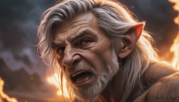 solo,long hair,looking at viewer,open mouth,1boy,white hair,male focus,sky,teeth,pointy ears,blurry,grey eyes,blurry background,facial hair,fire,portrait,beard,realistic,mustache,old,chest hair,old man,wrinkled skin,grey hair,scar,scar on face,scar across eye,manly