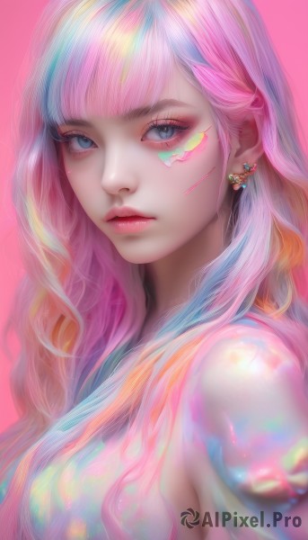 1girl,solo,long hair,breasts,looking at viewer,bangs,blue eyes,blonde hair,simple background,jewelry,medium breasts,closed mouth,blue hair,upper body,pink hair,multicolored hair,earrings,parted lips,blunt bangs,from side,lips,eyelashes,gradient hair,makeup,facial mark,piercing,pink background,lipstick,eyeshadow,pink lips,realistic,nose,red lips,eyeliner,colorful,mascara,rainbow hair,nude,streaked hair,wavy hair,expressionless,facepaint