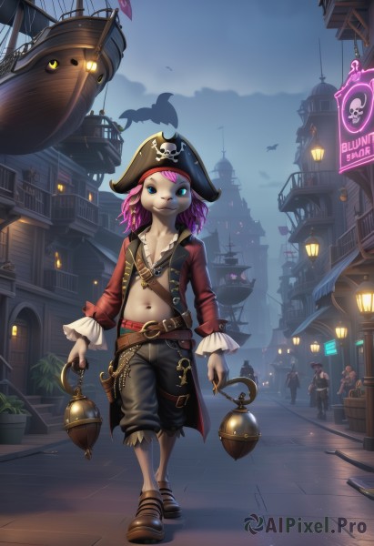 1girl,short hair,blue eyes,multiple girls,hat,navel,holding,jewelry,full body,pink hair,outdoors,multiple boys,open clothes,sky,solo focus,belt,pants,cloud,necklace,bell,glowing,colored skin,brown footwear,furry,walking,lantern,city,sign,watercraft,ship,pirate hat,pirate,barrel,weapon,purple hair,midriff,bird,furry female,airship