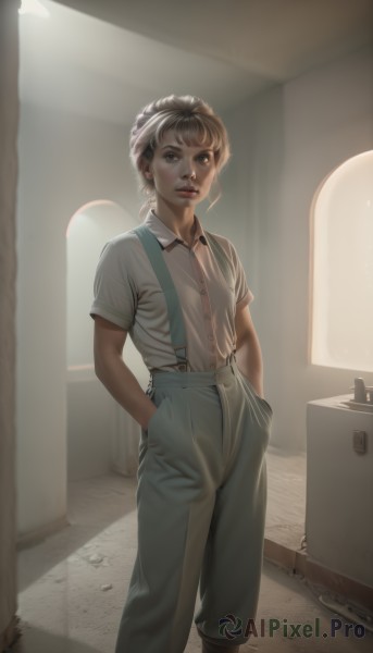 1girl,solo,looking at viewer,short hair,bangs,brown hair,shirt,brown eyes,jewelry,standing,white shirt,short sleeves,earrings,parted lips,collared shirt,pants,artist name,indoors,lips,buttons,suspenders,realistic,nose,hands in pockets,blonde hair,light