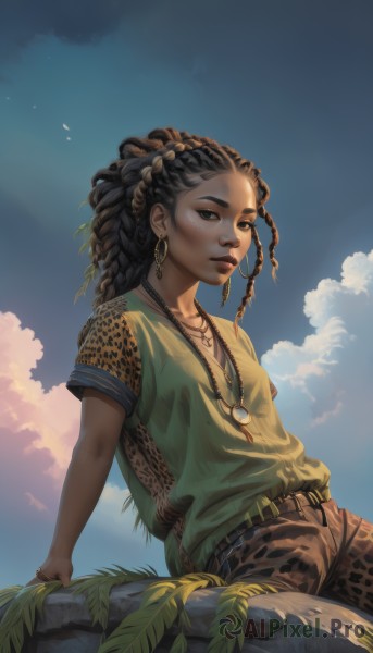 1girl,solo,long hair,looking at viewer,brown hair,shirt,black hair,1boy,brown eyes,jewelry,sitting,braid,short sleeves,male focus,earrings,outdoors,sky,shorts,day,belt,pants,cloud,dark skin,necklace,black eyes,flat chest,dark-skinned female,blue sky,lips,arm support,dark-skinned male,ring,cloudy sky,animal print,hoop earrings,realistic,nose,green shirt,leaning back,very dark skin,leopard print,dreadlocks,multiple braids,breasts,small breasts,leaf,thick eyebrows,plant,forehead,freckles,curly hair,facepaint,brown pants