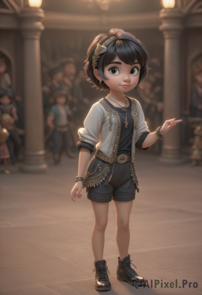 1girl,solo,looking at viewer,smile,short hair,bangs,brown hair,shirt,black hair,hair ornament,brown eyes,jewelry,closed mouth,standing,collarbone,jacket,full body,short sleeves,hairband,earrings,boots,multiple boys,open clothes,shoes,shorts,solo focus,belt,indoors,necklace,nail polish,black footwear,blurry,black eyes,flat chest,bracelet,open jacket,lips,fingernails,black shirt,short shorts,depth of field,blurry background,swept bangs,black shorts,white jacket,thick eyebrows,cross,pointing,child,red nails,buckle,pendant,cross-laced footwear,watch,belt buckle,nose,red lips,female child,ankle boots,wristwatch,cross necklace,pillar,crowd,church,artist name,chain,denim,sneakers,blue shorts,denim shorts,grey jacket,no socks