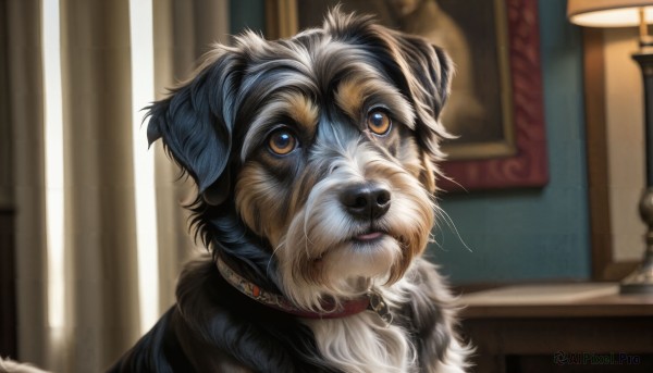 HQ,solo,looking at viewer,brown eyes,indoors,signature,blurry,collar,no humans,blurry background,animal,portrait,dog,realistic,lamp,animal focus,picture frame,painting (object),portrait (object),closed mouth,window,depth of field,curtains,red collar,animal collar