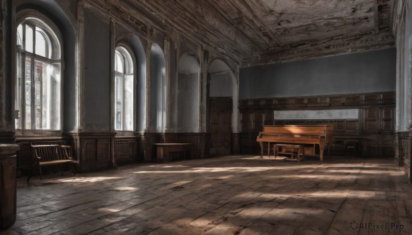 day,indoors,no humans,window,shadow,chair,table,sunlight,scenery,light rays,wooden floor,stairs,door,bench,sunbeam,pillar,wooden chair,instrument,candle,architecture,tile floor,piano,candlestand,fireplace,grand piano