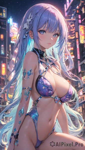 1girl,solo,long hair,breasts,looking at viewer,blush,bangs,blue eyes,large breasts,hair ornament,navel,cleavage,bare shoulders,jewelry,sitting,very long hair,closed mouth,blue hair,swimsuit,braid,sidelocks,bikini,thighs,multicolored hair,cowboy shot,earrings,outdoors,parted lips,sky,stomach,nail polish,bracelet,groin,bare arms,night,halterneck,highleg,building,revealing clothes,string bikini,blue bikini,armlet,colored inner hair,city,cityscape,highleg bikini,city lights,medium breasts,lips,expressionless