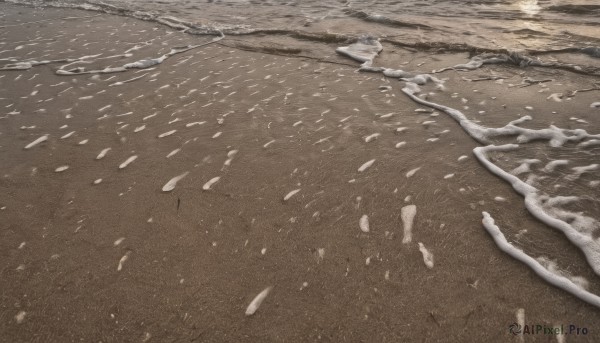 outdoors, no humans, ocean, traditional media, beach, scenery, snow, sand, waves, shore, footprints