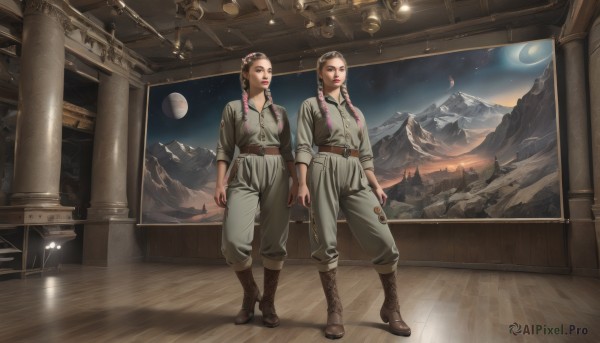 long hair,smile,open mouth,multiple girls,brown hair,shirt,black hair,2girls,brown eyes,standing,pink hair,braid,multicolored hair,boots,sky,belt,pants,indoors,uniform,twin braids,window,night,siblings,brown footwear,moon,sisters,star (sky),scenery,sleeves rolled up,cross-laced footwear,starry sky,twins,mountain,arms at sides,planet,spacecraft,twintails,military,military uniform,makeup,lipstick,realistic,retro artstyle,wide shot