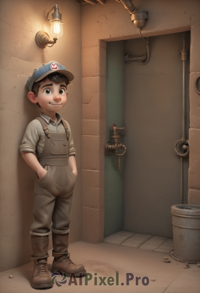 solo,looking at viewer,smile,brown hair,shirt,black hair,1boy,hat,brown eyes,closed mouth,standing,full body,male focus,boots,collared shirt,brown footwear,child,baseball cap,sleeves rolled up,blue headwear,lantern,hands in pockets,door,lamp,overalls,male child,light bulb,industrial pipe,alley,short hair,thick eyebrows