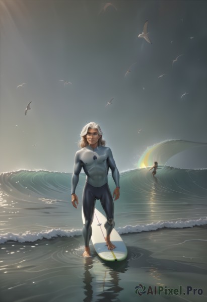 solo,long hair,blonde hair,brown hair,1boy,standing,full body,closed eyes,male focus,outdoors,sky,barefoot,water,bodysuit,muscular,facial hair,bird,ocean,animal,beach,abs,muscular male,skin tight,reflection,sun,horizon,waves,seagull,wetsuit,1girl,looking at viewer,smile,multiple boys,solo focus,dark skin,2boys,sunlight,male swimwear,surfboard