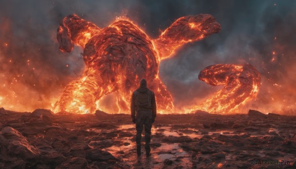 A male framed by the beauty of a majestic fiery dynamic scene