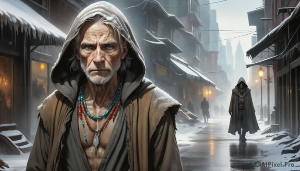 HQ,looking at viewer,blue eyes,1boy,jewelry,closed mouth,standing,collarbone,upper body,white hair,grey hair,male focus,outdoors,multiple boys,open clothes,solo focus,hood,2boys,necklace,coat,muscular,facial hair,scar,fire,pectorals,building,cloak,beard,scar on face,snow,hood up,reflection,walking,rain,snowing,city,realistic,old,hooded cloak,lamppost,old man,street,scenery,robe,lantern,manly,multiple others