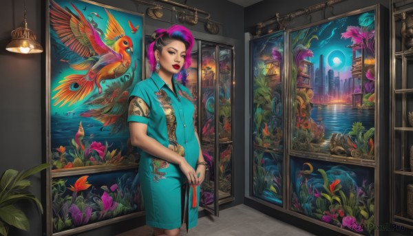 1girl,solo,looking at viewer,short hair,shirt,black hair,dress,holding,brown eyes,jewelry,closed mouth,standing,purple hair,flower,short sleeves,multicolored hair,cowboy shot,earrings,sky,collared shirt,indoors,signature,water,hair bun,nail polish,mole,bracelet,two-tone hair,lips,window,makeup,night,blue dress,bird,animal,leaf,chinese clothes,moon,single hair bun,bug,blue shirt,plant,lipstick,building,butterfly,tassel,scenery,china dress,hand fan,eyeshadow,fish,lantern,door,red lips,potted plant,lamp,eyeliner,surreal,lotus,goldfish,aqua dress,aqua shirt,koi,artist name,cloud,necklace,black eyes,tattoo,feathers,city,nose,sun,bangle,cityscape,crescent moon,skyscraper,mascara