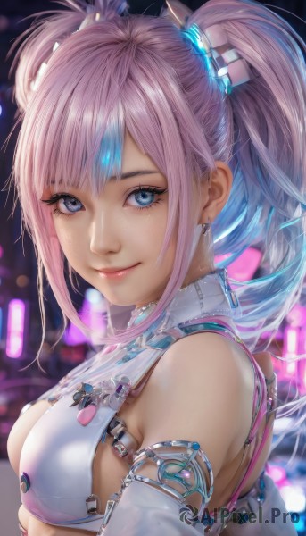 1girl,solo,long hair,breasts,looking at viewer,smile,bangs,blue eyes,hair ornament,cleavage,bare shoulders,twintails,jewelry,medium breasts,closed mouth,blue hair,upper body,pink hair,sidelocks,multicolored hair,earrings,detached sleeves,blurry,from side,two-tone hair,lips,streaked hair,eyelashes,blurry background,armlet,realistic,nose,artist name,nail polish,sideboob,gradient hair,makeup,depth of field,pink lips,mascara