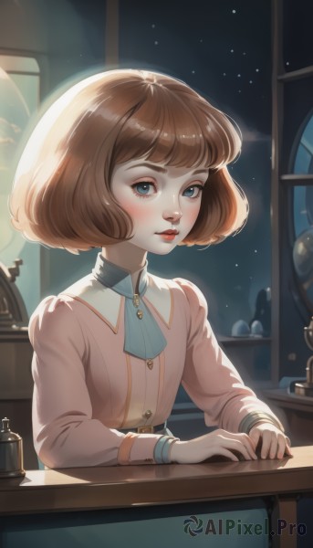 1girl,solo,looking at viewer,blush,short hair,bangs,blue eyes,brown hair,shirt,long sleeves,sitting,upper body,parted lips,sky,shiny,artist name,indoors,lips,ascot,eyelashes,window,makeup,night,table,bob cut,lipstick,star (sky),night sky,starry sky,freckles,nose,red lips,closed mouth,chess piece,hourglass