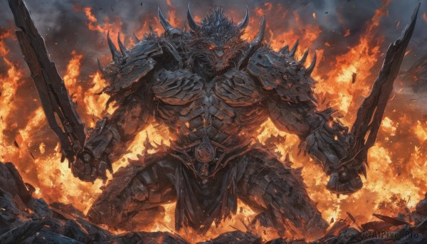 solo,looking at viewer,red eyes,1boy,holding,standing,weapon,male focus,horns,teeth,sword,holding weapon,armor,muscular,glowing,holding sword,helmet,fire,shoulder armor,gauntlets,glowing eyes,pelvic curtain,spikes,dual wielding,pauldrons,skull,monster,giant,loincloth,full armor,embers,burning,molten rock,flaming weapon,flaming sword,no humans,demon,arm blade