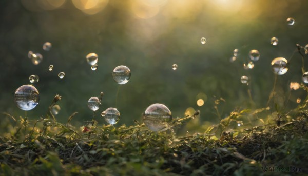 blurry, no humans, depth of field, plant, scenery, bubble, planet