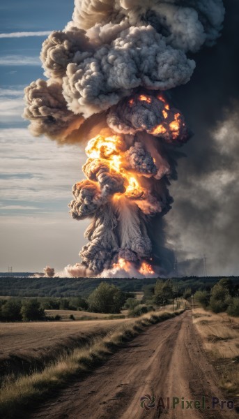 outdoors,sky,day,cloud,tree,no humans,cloudy sky,fire,ground vehicle,nature,scenery,motor vehicle,smoke,monster,mountain,giant,explosion,burning,destruction,blue sky,grass,road,power lines