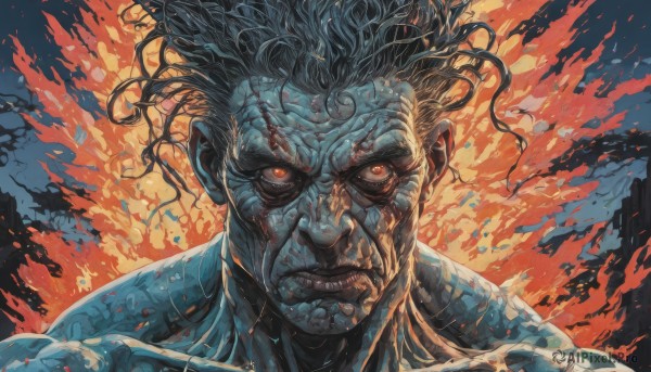 A male in a breathtaking fiery dynamic scene