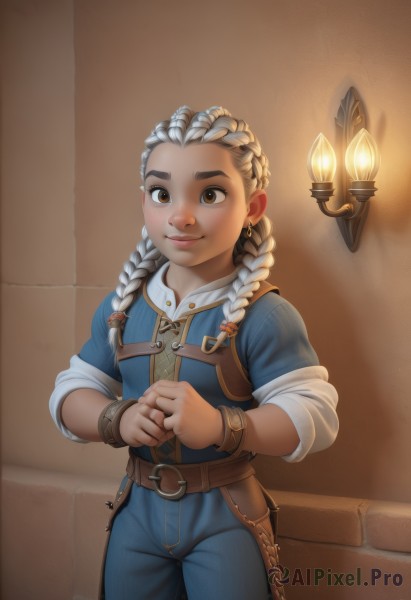 1girl,solo,long hair,looking at viewer,smile,brown eyes,jewelry,closed mouth,braid,white hair,grey hair,cowboy shot,earrings,belt,artist name,dark skin,twin braids,bracelet,dark-skinned female,lips,own hands together,aged down,child,hair over shoulder,sleeves rolled up,freckles,nose,female child,multiple braids,brown belt,dreadlocks