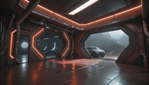 indoors,signature,no humans,window,ground vehicle,scenery,motor vehicle,reflection,science fiction,car,cable,vehicle focus,seat,robot,mecha,machinery,wooden floor,realistic,tiles,tile floor,cockpit,reflective floor