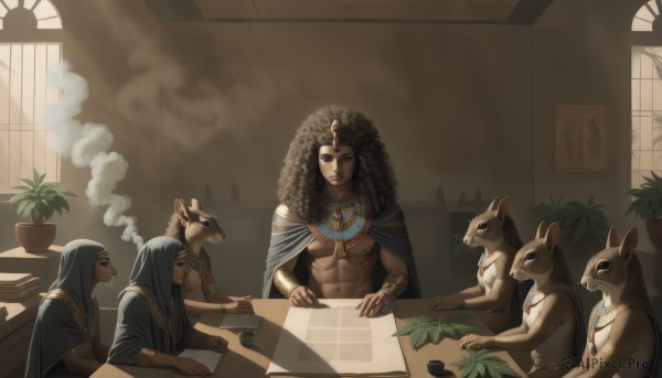 long hair,brown hair,black hair,jewelry,sitting,nipples,male focus,earrings,multiple boys,indoors,dark skin,hood,necklace,cape,bracelet,cup,book,window,muscular,animal,chair,abs,table,dark-skinned male,pectorals,plant,steam,cloak,smoke,dog,robe,paper,potted plant,bracer,cactus,looking at viewer,multiple girls,1boy,sunlight,pointing,furry,topless male,furry male,map,egyptian,egyptian clothes,fine art parody,goat