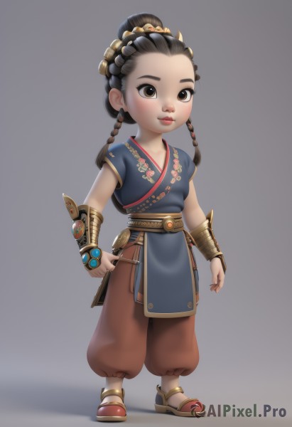 1girl,solo,looking at viewer,blush,simple background,brown hair,black hair,hair ornament,brown eyes,jewelry,standing,full body,weapon,braid,short sleeves,pants,grey background,hair bun,twin braids,lips,sash,sandals,child,female child,bracer,multiple braids,long hair,shirt,earrings,shoes,belt,dark skin,single hair bun,blue shirt