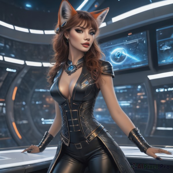 1girl,solo,long hair,breasts,looking at viewer,bangs,large breasts,brown hair,hair ornament,animal ears,cleavage,brown eyes,jewelry,medium breasts,standing,cowboy shot,earrings,parted lips,belt,pants,artist name,indoors,cat ears,nail polish,mole,lips,fingernails,fox ears,makeup,wavy hair,black pants,lipstick,ground vehicle,gem,black nails,motor vehicle,science fiction,realistic,nose,sharp fingernails,red lips,car,sleeveless,necklace,armor,watermark,fox girl,shoulder armor,skin tight,web address,curly hair,shiny clothes,fantasy,tight pants,lights,leather pants