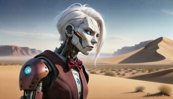 HQ,1girl,solo,short hair,blue eyes,bow,upper body,white hair,outdoors,sky,day,cloud,bowtie,vest,from side,aqua eyes,blue sky,lips,makeup,glowing,robot,pink bow,science fiction,asymmetrical hair,mountain,realistic,nose,android,joints,cyborg,pink bowtie,robot joints,mountainous horizon,desert,mechanical parts,profile,colored skin,pale skin,glowing eyes,white skin,dirty,damaged,cyberpunk,dirty face,blue sclera