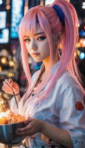 zero two (darling in the franxx),1girl,solo,long hair,looking at viewer,bangs,blue eyes,holding,jewelry,closed mouth,upper body,ponytail,pink hair,sidelocks,outdoors,food,japanese clothes,horns,artist name,kimono,necklace,nail polish,blurry,lips,makeup,night,depth of field,blurry background,floral print,eyeshadow,oni horns,bowl,yukata,realistic,nose,blue kimono,print kimono,red horns,fireworks,bokeh,festival,blue horns,sparkler,summer festival,shirt,ribbon,hair ribbon,white shirt,earrings,fingernails,piercing,blue ribbon,ear piercing,chopsticks,noodles,holding bowl,ramen