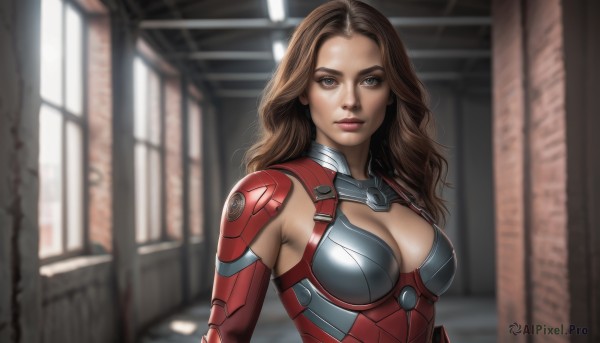 1girl,solo,long hair,breasts,looking at viewer,large breasts,brown hair,cleavage,brown eyes,medium breasts,closed mouth,upper body,indoors,armor,blurry,lips,clothing cutout,window,bodysuit,cleavage cutout,realistic,animification,superhero,blue eyes