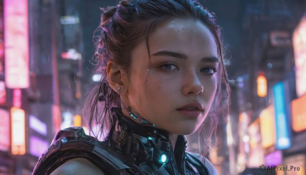 1girl, solo, looking at viewer, blue eyes, brown hair, jewelry, earrings, parted lips, blurry, lips, wet, night, blurry background, portrait, freckles, science fiction, rain, realistic, cyberpunk, neon lights