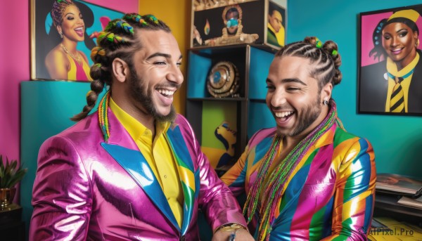 smile,open mouth,brown hair,shirt,black hair,hair ornament,long sleeves,jewelry,jacket,closed eyes,upper body,braid,grey hair,male focus,multicolored hair,earrings,multiple boys,teeth,tongue,shiny,collared shirt,indoors,dark skin,2boys,necklace,grin,black eyes,bracelet,facial hair,formal,dark-skinned male,suit,plant,multicolored clothes,beard,yellow shirt,mustache,pink jacket,photo (object),monitor,very dark skin,dreadlocks,portrait (object),looking at viewer,1boy,necktie,hair bun,vest,single hair bun,ring,realistic,potted plant,yellow necktie