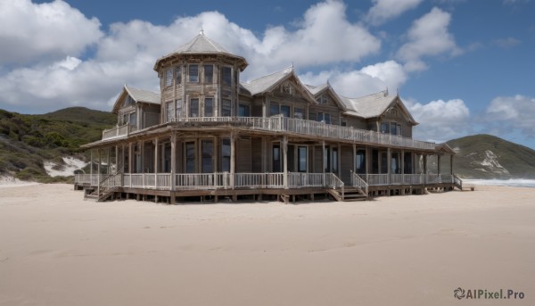 outdoors,sky,day,cloud,water,tree,blue sky,no humans,window,beach,cloudy sky,building,scenery,mountain,sand,door,road,house,mountainous horizon,landscape,shore,desert