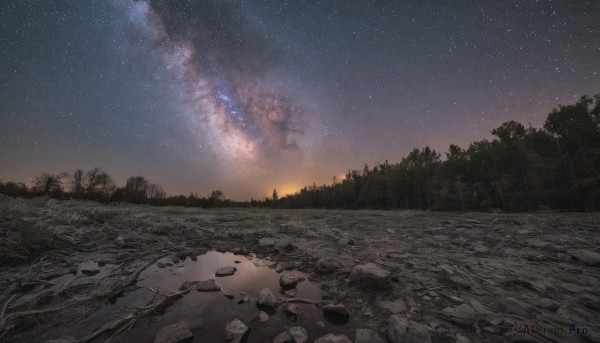 outdoors,sky,water,tree,no humans,night,grass,star (sky),nature,night sky,scenery,forest,starry sky,sunset,rock,river,milky way,ruins