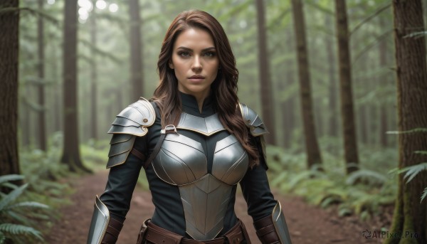 1girl,solo,long hair,breasts,looking at viewer,large breasts,brown hair,brown eyes,closed mouth,upper body,outdoors,belt,artist name,signature,armor,blurry,tree,lips,blurry background,shoulder armor,gauntlets,nature,forest,pauldrons,breastplate,realistic,nose,boobplate,medium breasts,parted lips,day,depth of field,plant,serious,bush