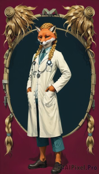 1girl,solo,long hair,looking at viewer,blonde hair,simple background,shirt,animal ears,very long hair,standing,full body,braid,male focus,necktie,shoes,pants,twin braids,coat,red background,furry,blue necktie,hands in pockets,furry female,labcoat,blue pants,furry male,body fur,animal nose,whiskers,snout,brown fur,stethoscope,doctor,orange fur,blue eyes,long sleeves,1boy,black footwear