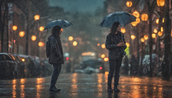 black hair, long sleeves, holding, standing, jacket, male focus, outdoors, multiple boys, shoes, pants, 2boys, bag, black footwear, blurry, tree, black jacket, night, depth of field, blurry background, umbrella, black pants, ground vehicle, motor vehicle, rain, hand in pocket, lantern, holding umbrella, hands in pockets, car, road, street, paper lantern, blue umbrella